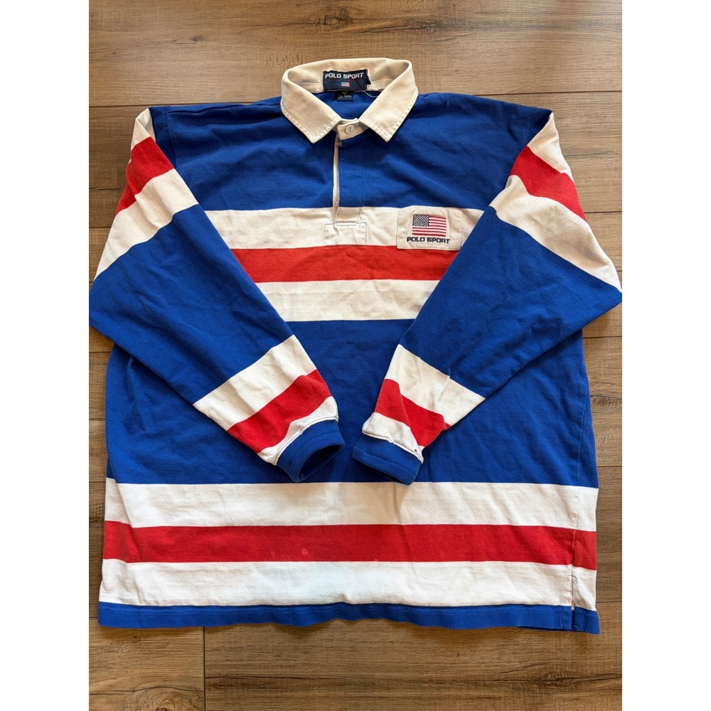 Vintage Polo Sport Ralph Lauren Rugby Shirt Blue Red White Striped XL Men